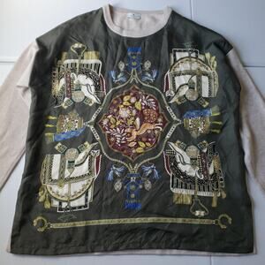 Etro Sweater Women XL Green Silk Front Equestrian Wool Cashmere Italy